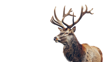Photograph of a majestic stag with its antlers reaching towards the sky, standing tall against a transparent backdrop