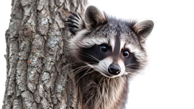 Photograph of a mischievous raccoon peeking out from behind a tree, its eyes sparkling with curiosity, set on a transparent background.