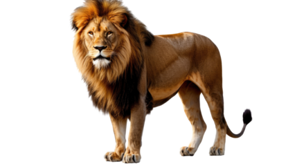 Photograph of a majestic lion with a flowing mane, standing proudly against a transparent background.
