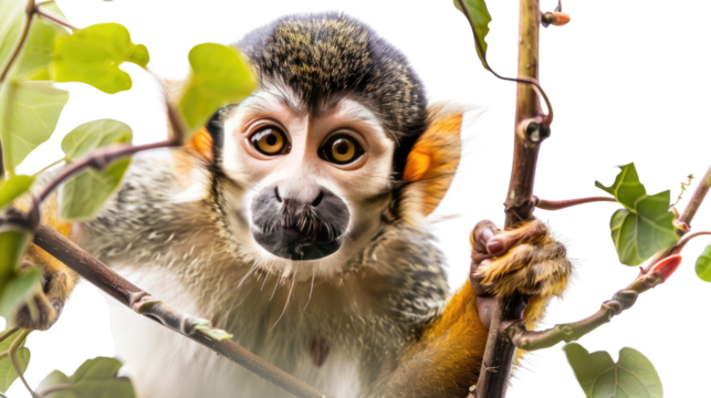 Photograph of a mischievous monkey swinging from vines, its eyes sparkling with curiosity against a transparent background.