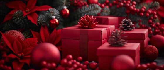 festive holiday scene with red gift boxes, Christmas ornaments, and a decorated wreath, evoking a warm, joyful atmosphere.