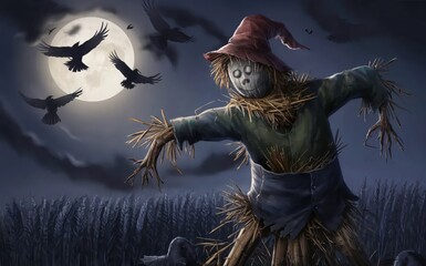 A scarecrow coming to life in a moonlit field, with crows flying overhead, Halloween