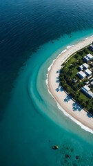 Fototapeta premium Aerial view of a long, curved beach with gentle waves lapping against the sandy shore. 