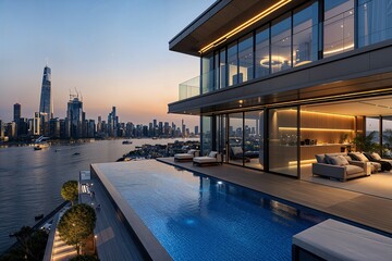 Fototapeta premium a large swimming pool next to a tall building