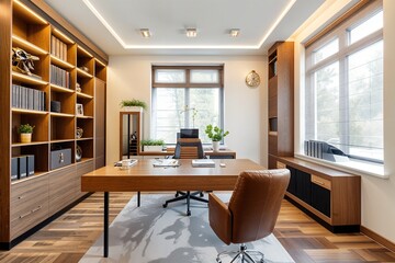 Fototapeta premium a room with a desk, chair, bookshelf and a window