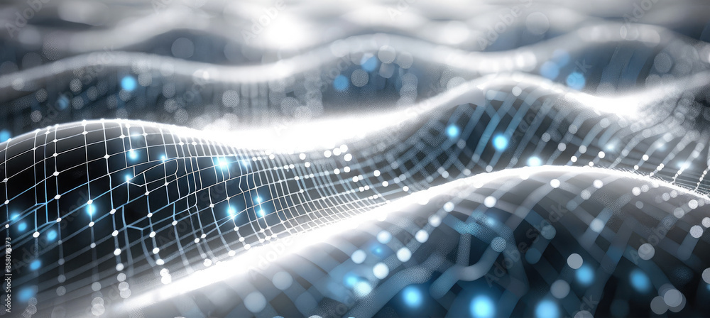 Leinwandbilder abstract grid, data technology illustration. wave with connecting dots and lines on dark background.