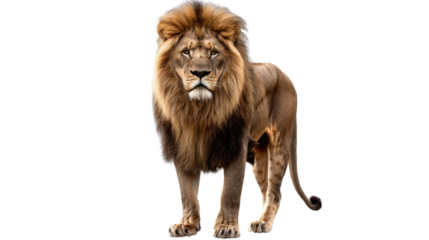 Photograph of a majestic lion with a flowing mane, standing proudly against a transparent background.