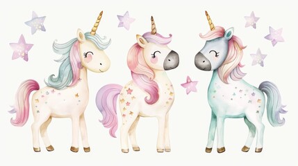 A set of three watercolor unicorns on a white background. Ideal for birthday cards, weddings,...