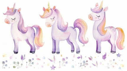 A set of three watercolor unicorns on a white background. Ideal for birthday cards, weddings,...