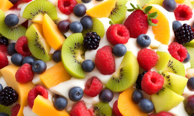 Obraz premium Fruit salad with yogurt and berries, close-up