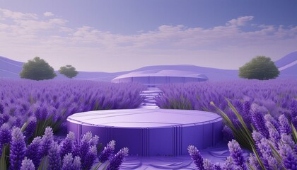 Lavender podium flower background purple product nature platform stand summer 3d table. Cosmetic podium lilac abstract field studio beauty flower spring lavender floral display plant backdrop crystal