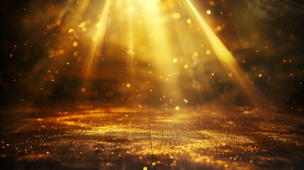 Abstract glowing gold vertical lighting lines on dark background with lighting effect and sparkle, stage lighting effect with bokeh and golden confetti on stage
