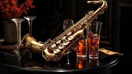  A saxophone resting next to a glass of wine on a table.