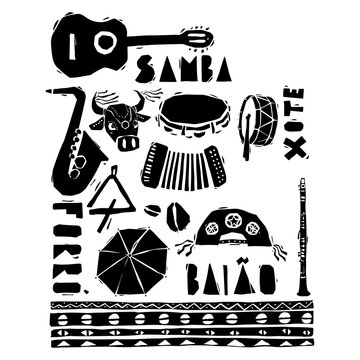 M&Uacute;SICA NORDESTINA, festa junina, nordeste, lampi&atilde;o, samba, xote, forr&oacute;, bumba meu boi, frevo, xilogravura, ilustra&ccedil;&atilde;o, vetor, bai&atilde;o, pandeiro, viol&atilde;o, sanfona, viola, gaita, zabumba, tri&acirc;ngulo, chap&eacute;u