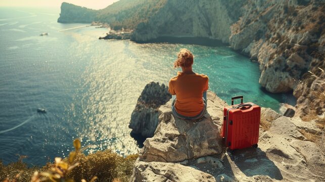 Traveler sitting on cliff edge with suitcase Travel lifestyle, adventure, outdoor summer vacation, mountains, hotels, aerial view.