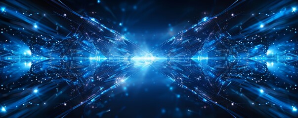 Blue geometric shape abstract technology background, high contrast, modern design, intricate patterns, dynamic lines, glowing effects, high resolution, sharp clarity