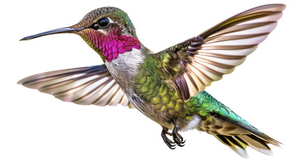 Fototapeta premium Photograph of a graceful hummingbird hovering in mid-air, its iridescent wings shimmering against a transparent background.