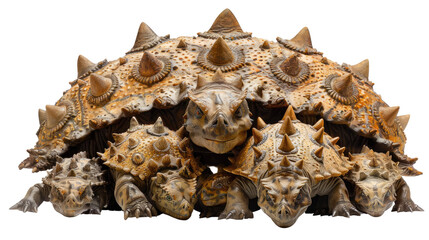 Obraz premium photograph of a group of Ankylosaurs huddled together for defense, with their armored shells visible, against a transparent background