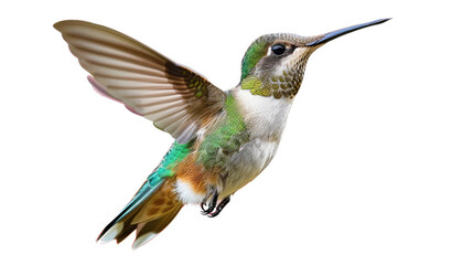 Fototapeta premium Photograph of a graceful hummingbird hovering in mid-air, its iridescent wings shimmering against a transparent background.