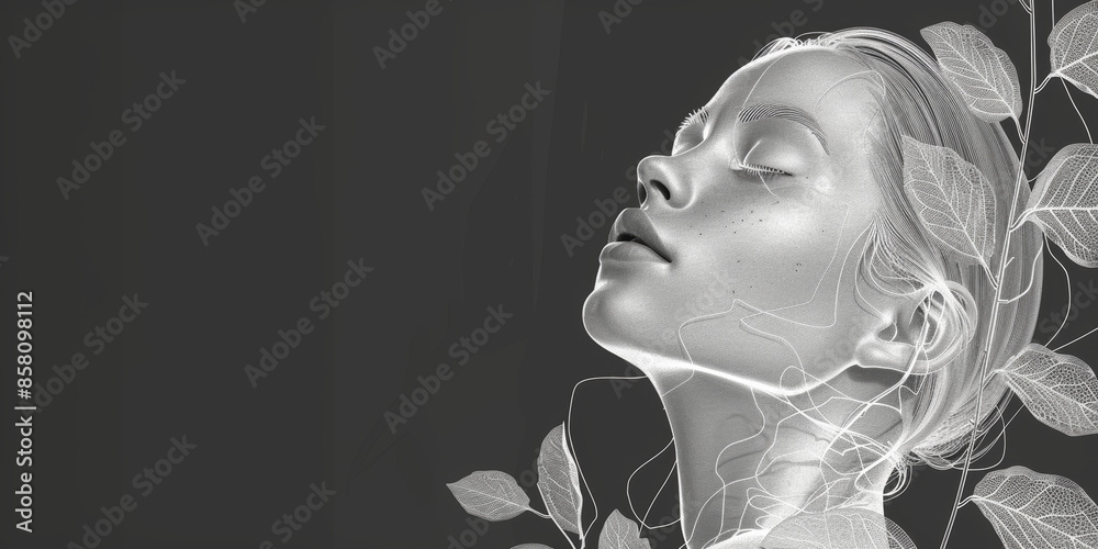 Wall mural a woman's face is shown in a black background with a leafy green design - Wall murals