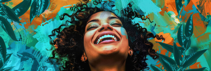 Joyful Expression of Happiness Amidst Vibrant Artistic Backdrop with Nature Elements