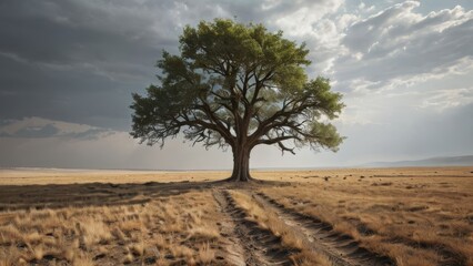 Fototapeta premium An artistic picture of a lone tree in the middle of a vast, empty landscape. The tree is placed off-center, under dramatic skies.