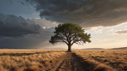 Obraz premium An artistic picture of a lone tree in the middle of a vast, empty landscape. The tree is placed off-center, under dramatic skies.