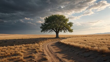 Fototapeta premium An artistic picture of a lone tree in the middle of a vast, empty landscape. The tree is placed off-center, under dramatic skies.