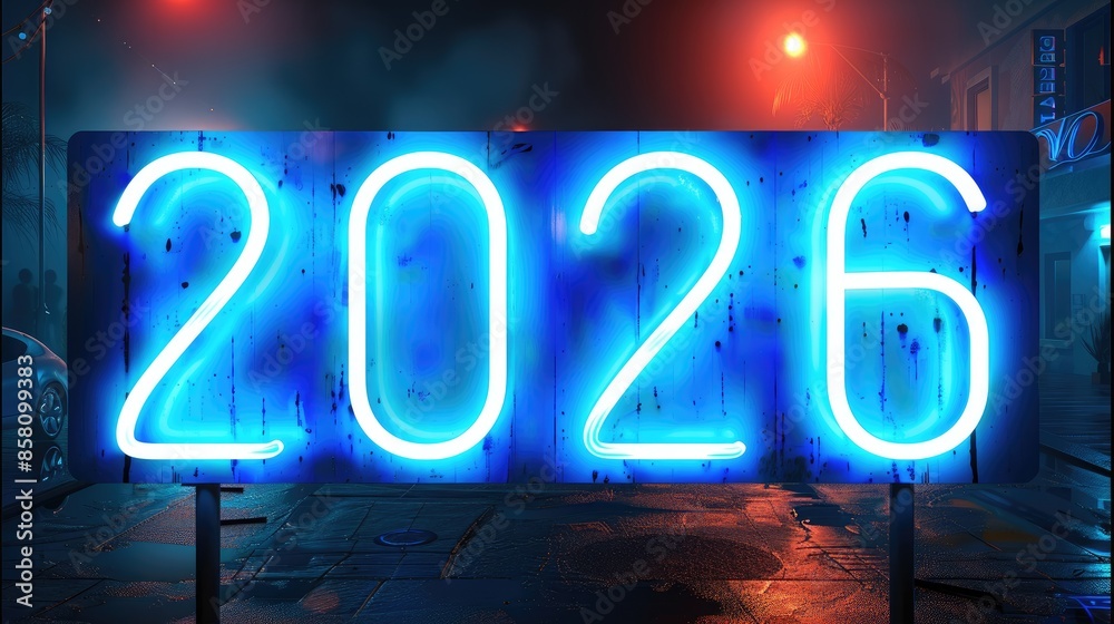 Aufkleber Write 2026 on an empty solid background with bright blue color, in a futuristic neon style. Generative AI.