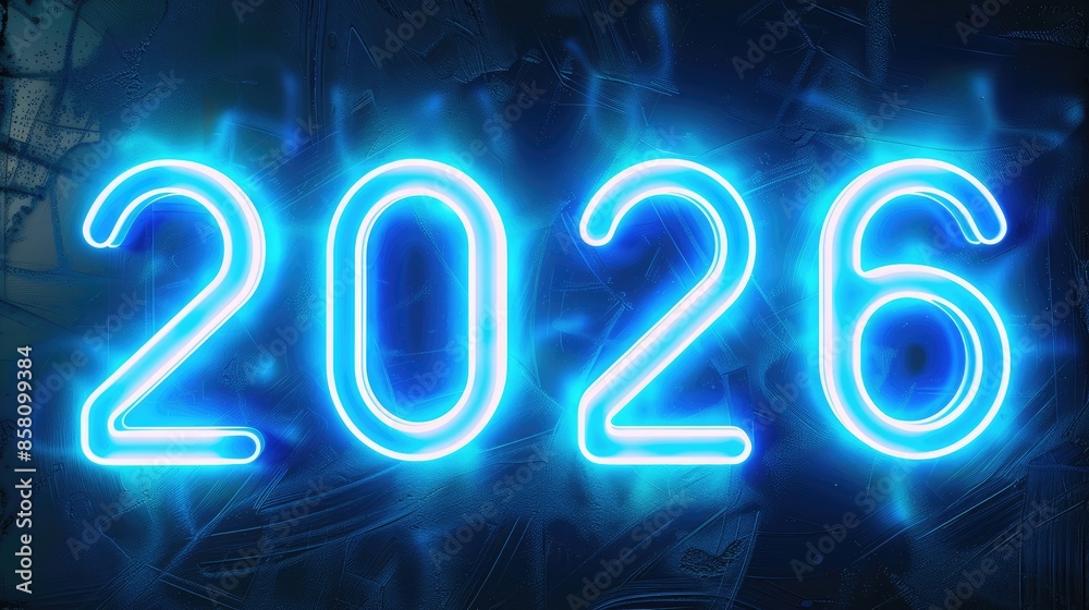 Poster write 2026 on an empty solid background with bright blue color, in a futuristic neon style. generati