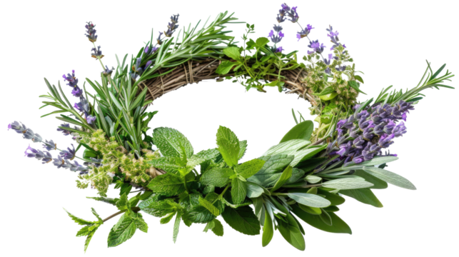 Photograph of a dried herb wreath, adorned with various herbs like rosemary, lavender, and mint, hanging on a transparent background.