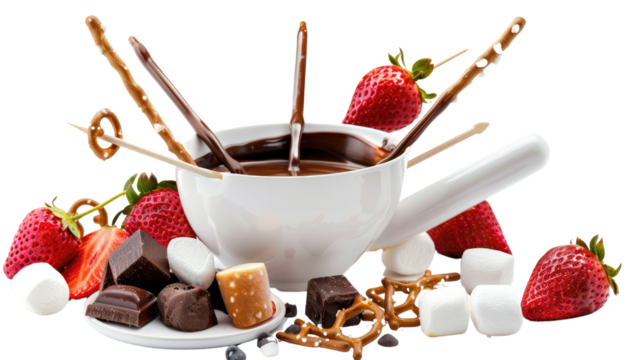 Photograph of a decadent chocolate fondue, with skewers of strawberries, marshmallows, and pretzels, on a transparent background.