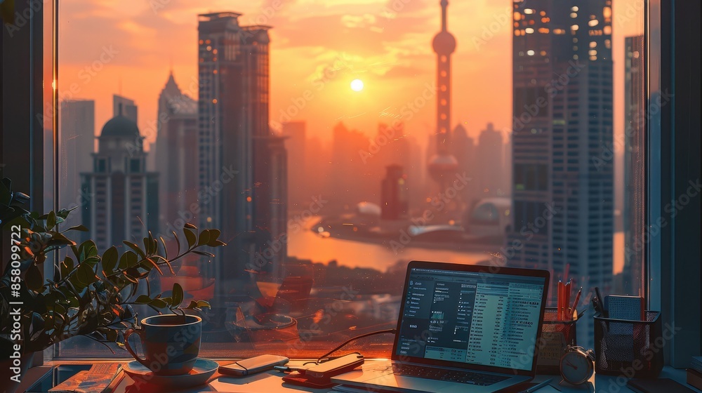 Poster an open laptop on a desk, with coffee and stationery beside it. the large window overlooks buildings