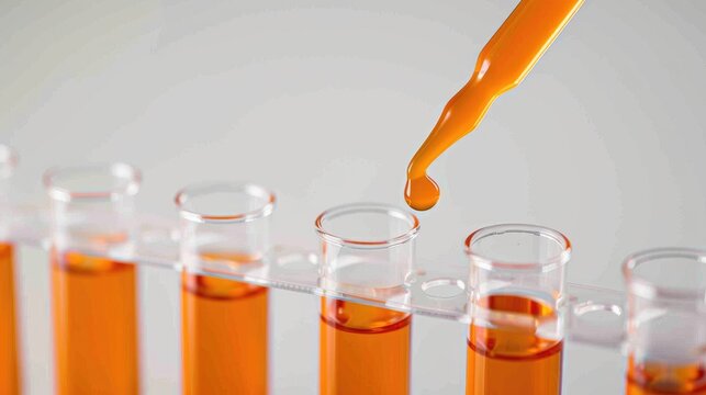 Orange liquid being pipetted into one test tube out of six