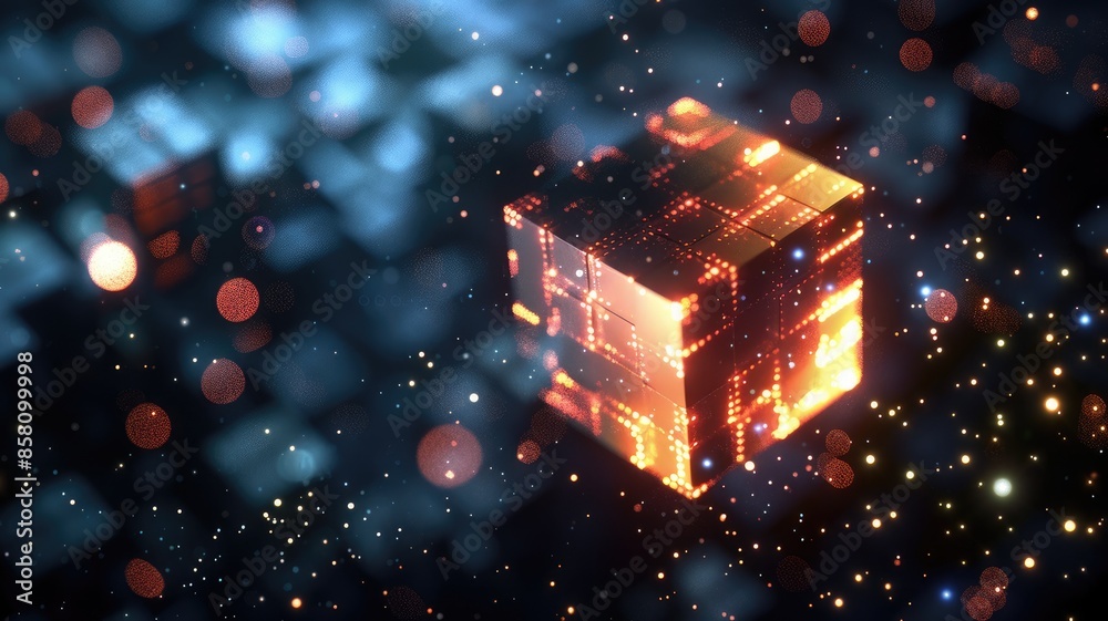 Aufkleber abstract digital rendering of a cube with glowing particles. digital art of abstract design of glowi