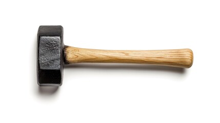 Isolated black nail hammer with wooden handle and shadow on white background Close up top view space for text