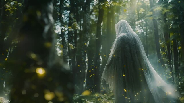 A mysterious pale figure dd in flowing robes seemed to appear out of thin air beckoning curious travelers into the depths of the mystical forest.