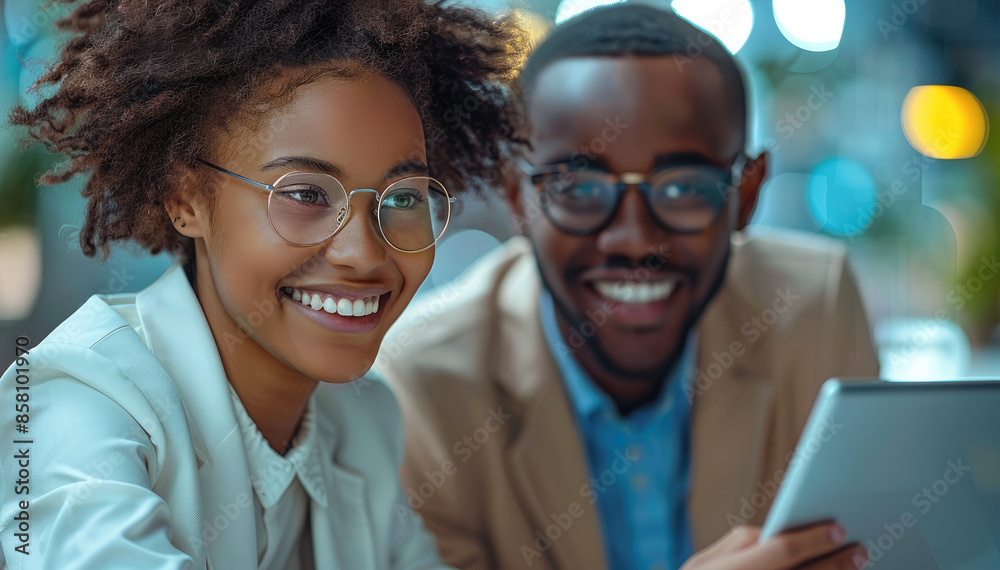 Poster happy multi ethnic business people working together and smiling while using a tablet during their me
