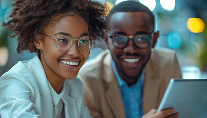 Happy multi ethnic business people working together and smiling while using a tablet during their meeting in the office. Generative AI.