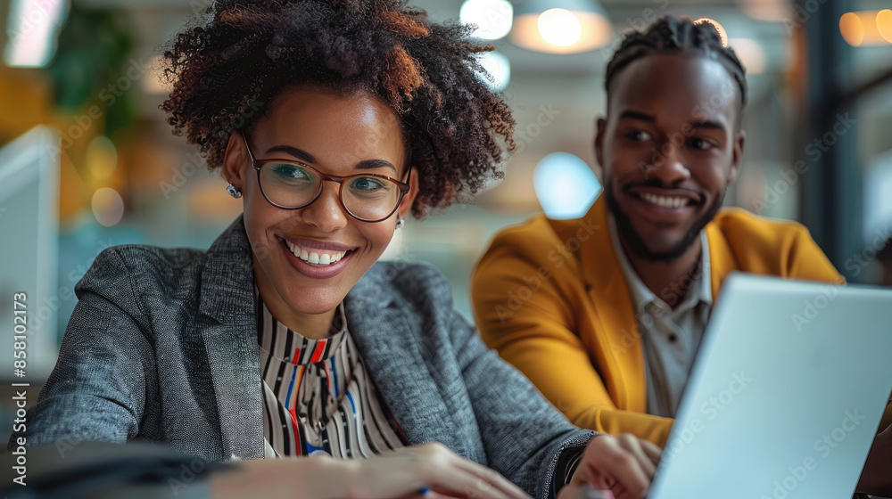Poster happy multi ethnic business people working together and smiling while using a tablet during their me
