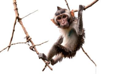 Photograph of a curious monkey swinging from a vine, its eyes wide with wonder, isolated on a transparent background