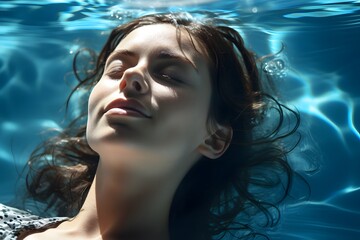 Beautiful woman is in a clear and clean blue swimming pool. She closed her eyes and relaxed. The sun shines on her She is enjoying the summer vacation. This image represents happiness and relaxation.