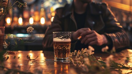 Photo of a bar, men at tables, from above, black leather jackets. wilted flowers Beer glass holding bokeh cigarette