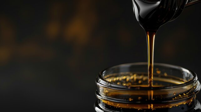 Black treacle dripping from beaker with molasses background and text space