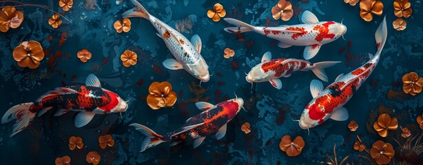 Koi fishes swimming in a koi fishpond, scenic view, peaceful state, created with AI