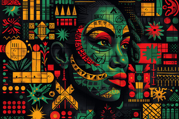 Obraz premium Mural depicting collage with a face of an African woman and various shapes in black, yellow, red and green colors.