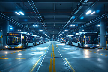 Fototapeta premium Electric Buses Charging Overnight in Urban Transit Depot 