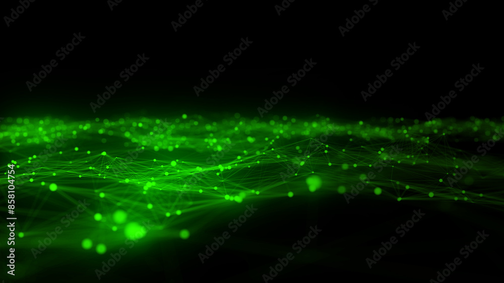 Poster abstract futuristic wave with moving dots. flow of colored particles and lines. cyber technology ill