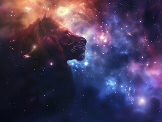 Leo zodiac sign, lion's profile against a star-filled night sky.