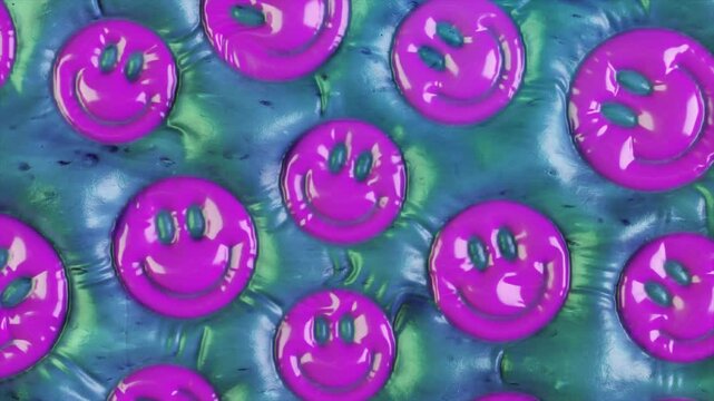 Colorful animation featuring inflated purple smiley faces on a blue-green textured background.